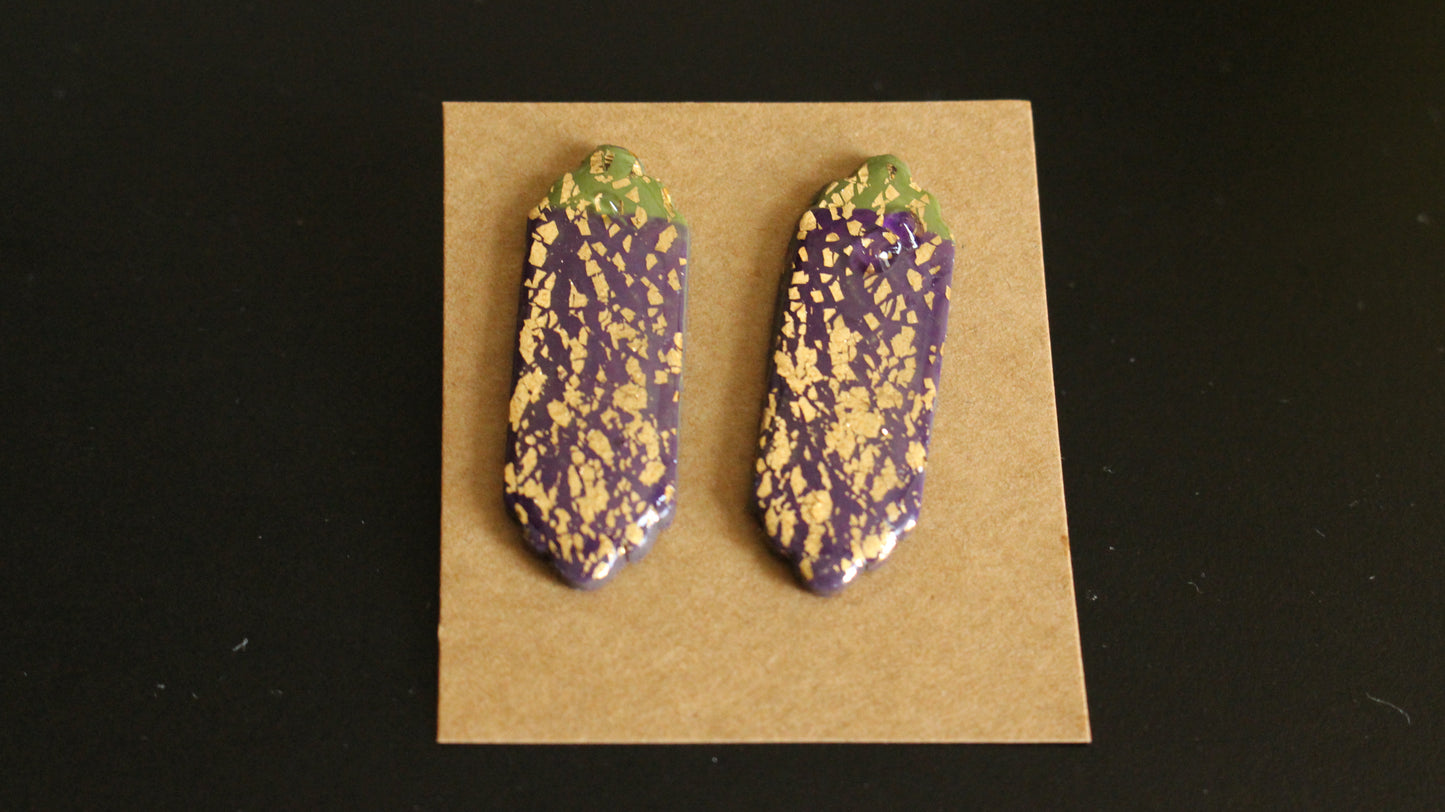 Handmade Purple & Gold Foil Statement Earrings – Unique Polymer Clay Dangle, Artistic Boho Jewelry