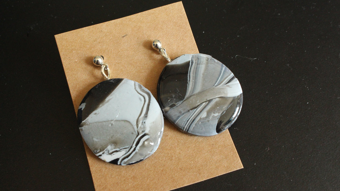 Monochrome Marble Statement Earrings – Chic Black & Gray Polymer Clay Dangles