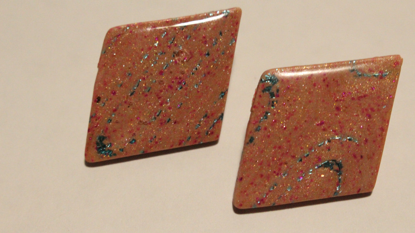 Handmade Geometric Glitter Stud Earrings – Unique Peach & Blue Speckled Polymer Clay Jewelry