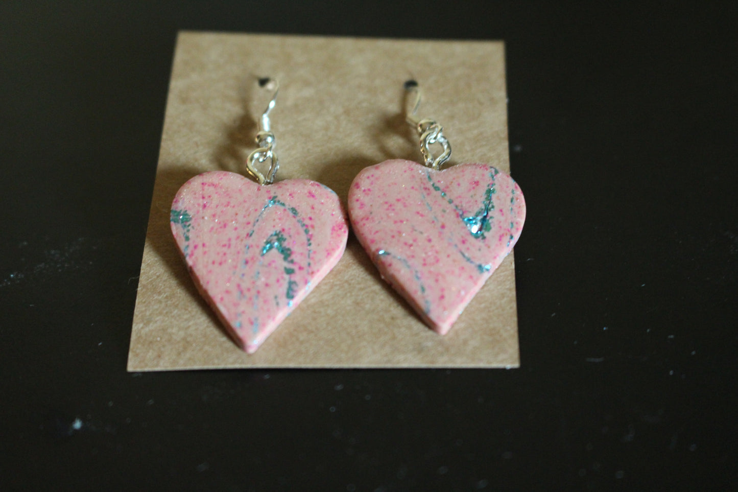 Handmade Pink Heart Dangle Earrings with Teal Marbling and Glitter