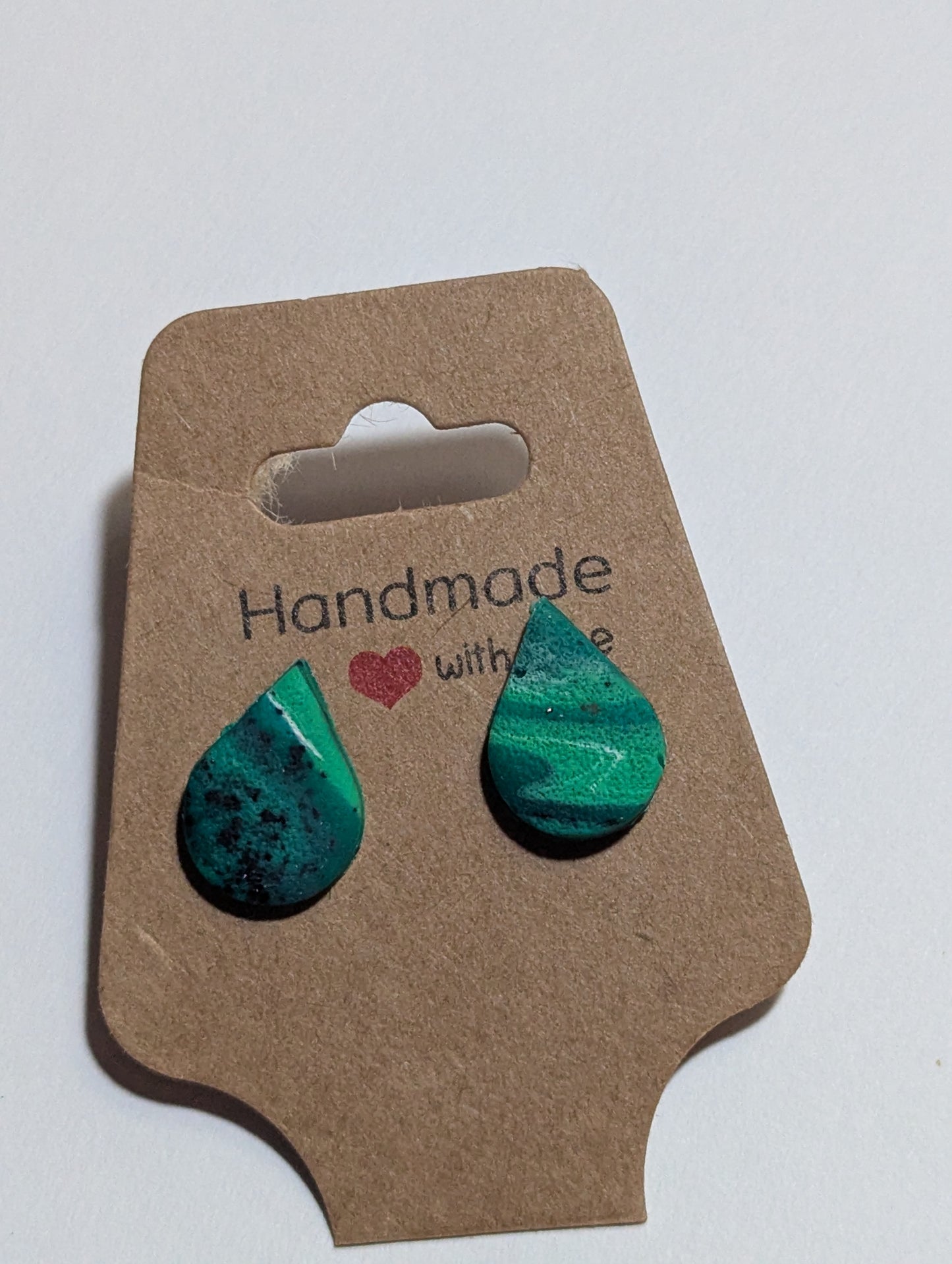 Handmade Green Teardrop Earrings – Unique Polymer Clay Studs, Boho Jewelry Gift for Her