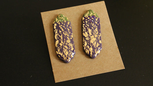 Handmade Purple & Gold Foil Statement Earrings – Unique Polymer Clay Dangle, Artistic Boho Jewelry