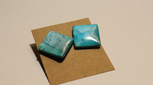 Aqua Dream Handmade Square Resin Earrings – Shimmering Turquoise Statement Studs