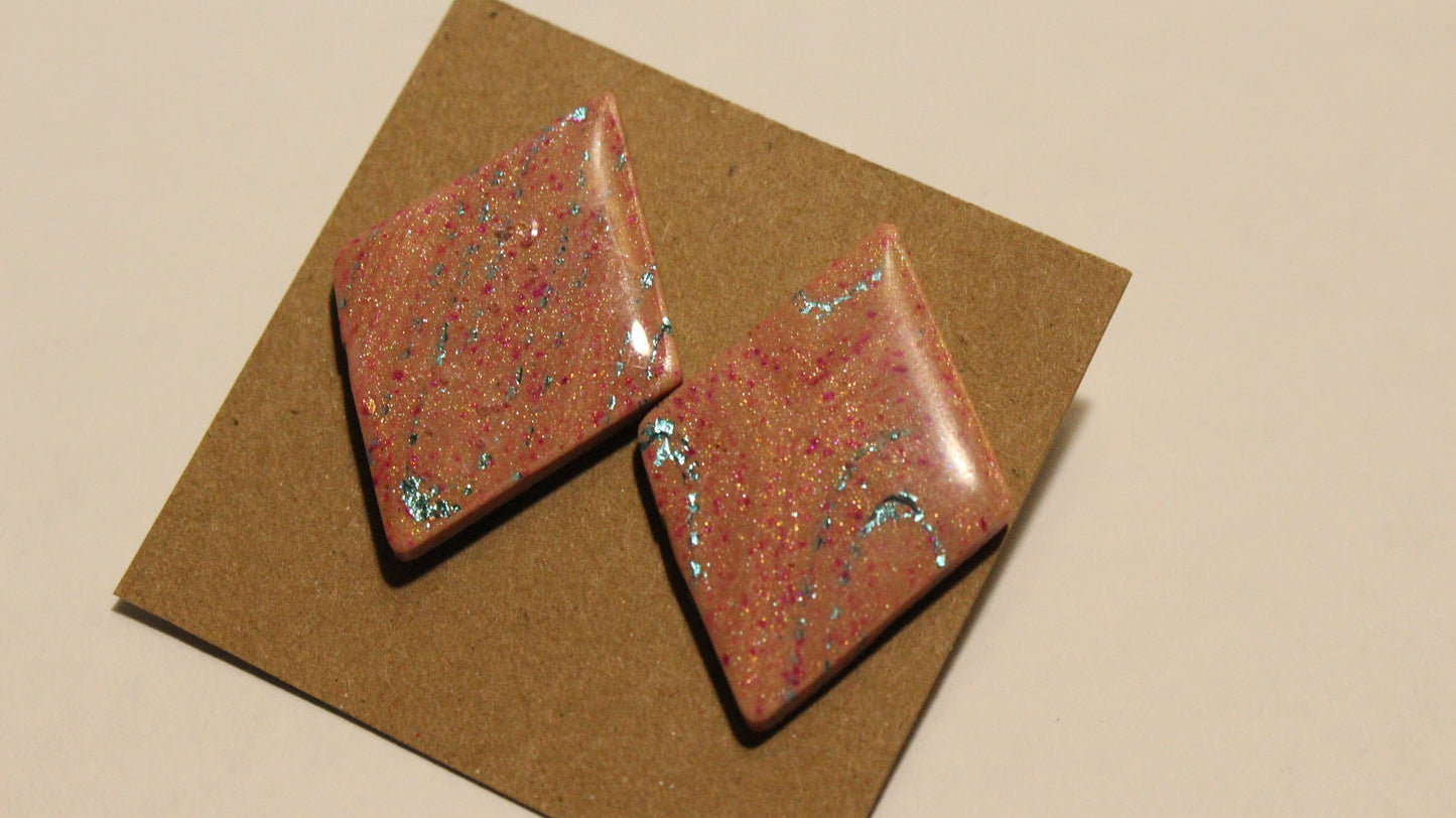 Handmade Geometric Glitter Stud Earrings – Unique Peach & Blue Speckled Polymer Clay Jewelry