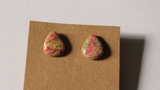 Handmade Pink & Gold Glitter Teardrop Earrings – Unique Polymer Clay Studs, Colorful Boho Jewelry for Her