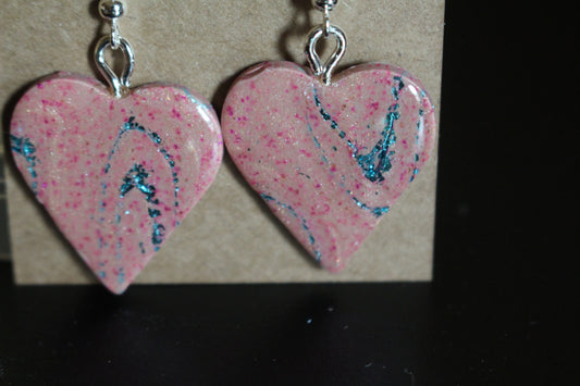 Handmade Pink Heart Dangle Earrings with Teal Marbling and Glitter