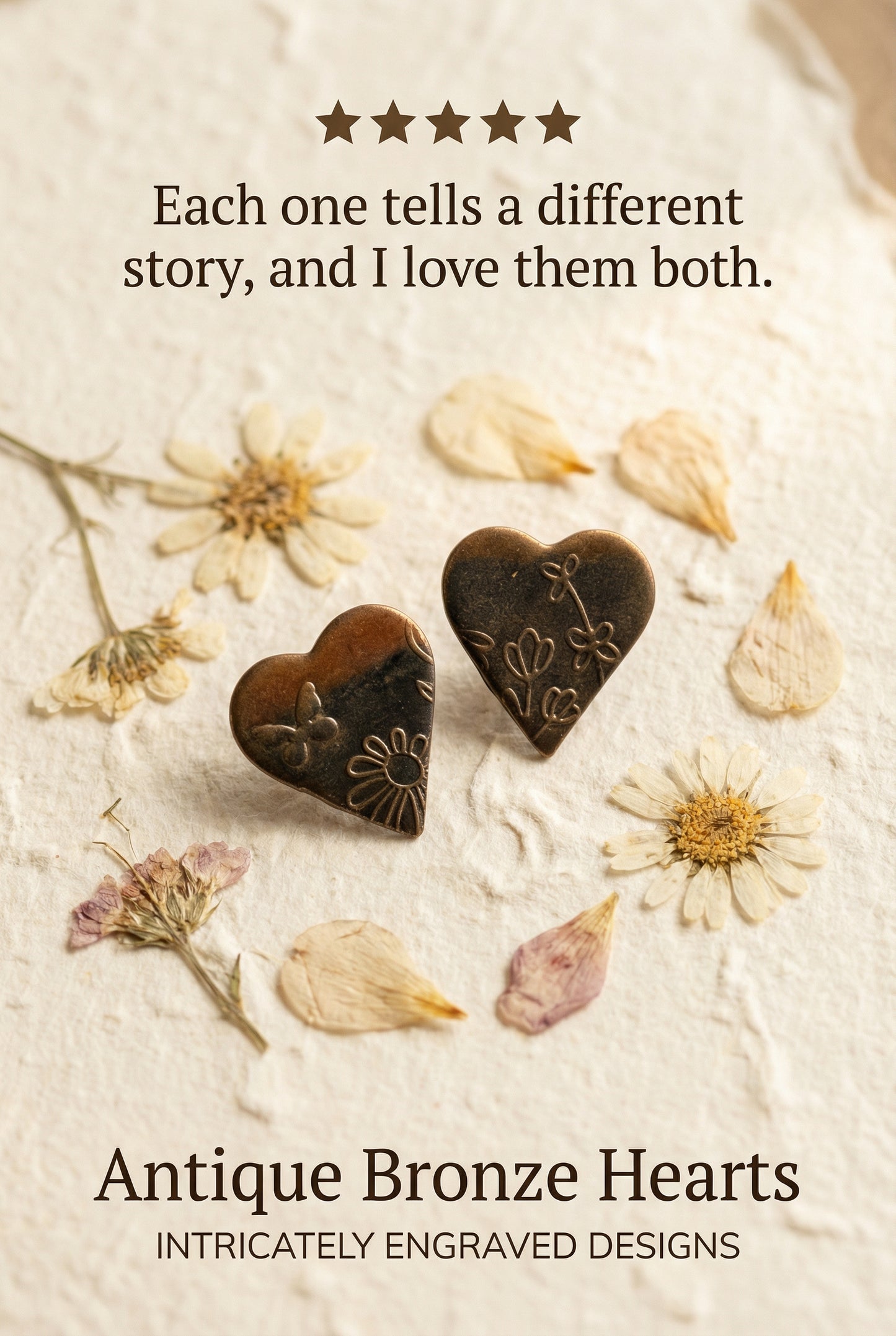 Vintage Bronze Heart Earrings – Intricate Floral & Butterfly Engravings